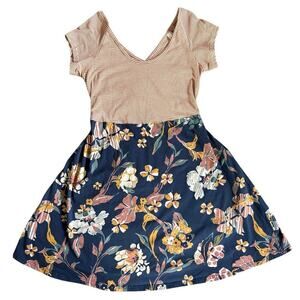 Women’s Pact Organic Navy Fit & Flare Floral Helena Dress Cross Back Size Large